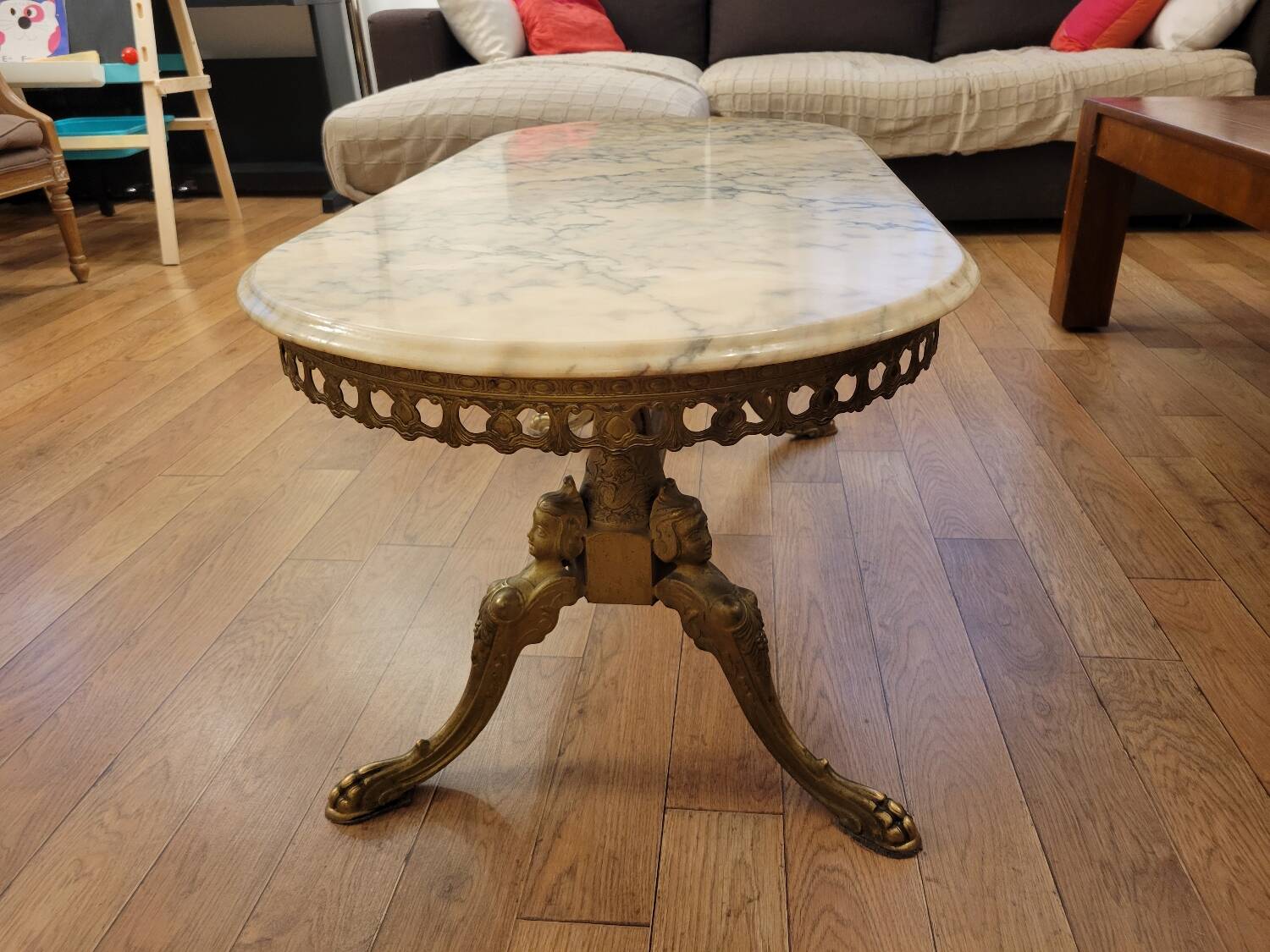 Coffee table in gilded bronze and marble