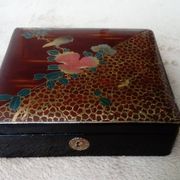 Old lacquered jewelry box with Asian decoration bird, flower, bee