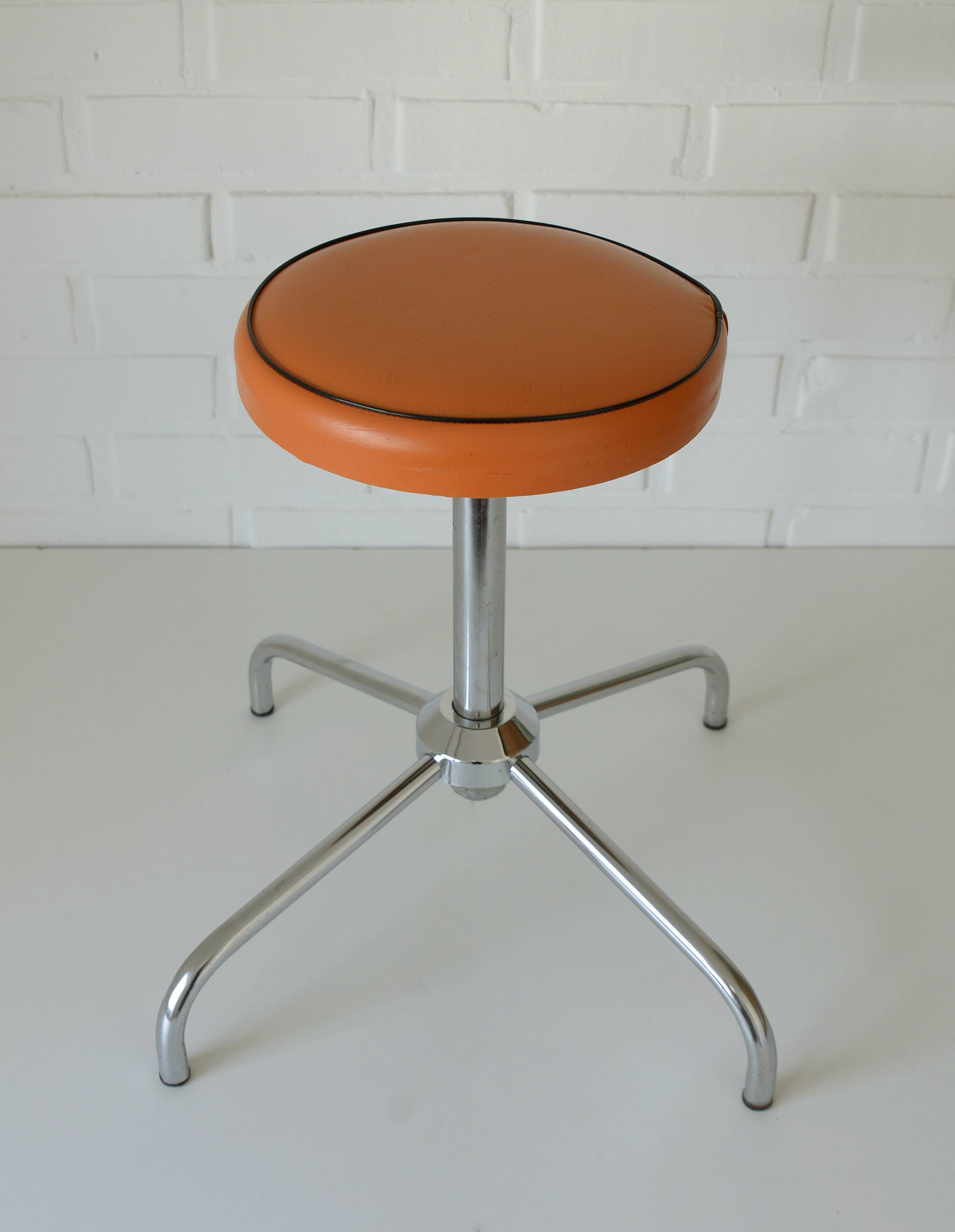 Vintage Orange Adjustable Swivel Vanity Stool Mid Century Modern Style 1970