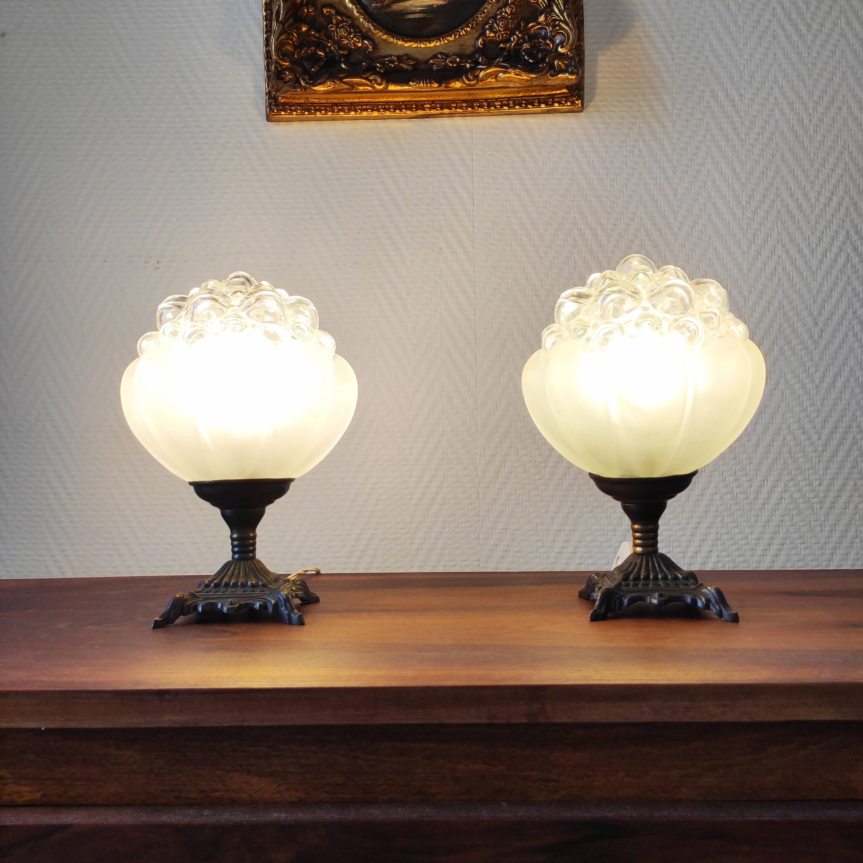 Pair of antique bubble globe lamps