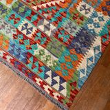 Oriental kilim rug afghan colored red green multicolored