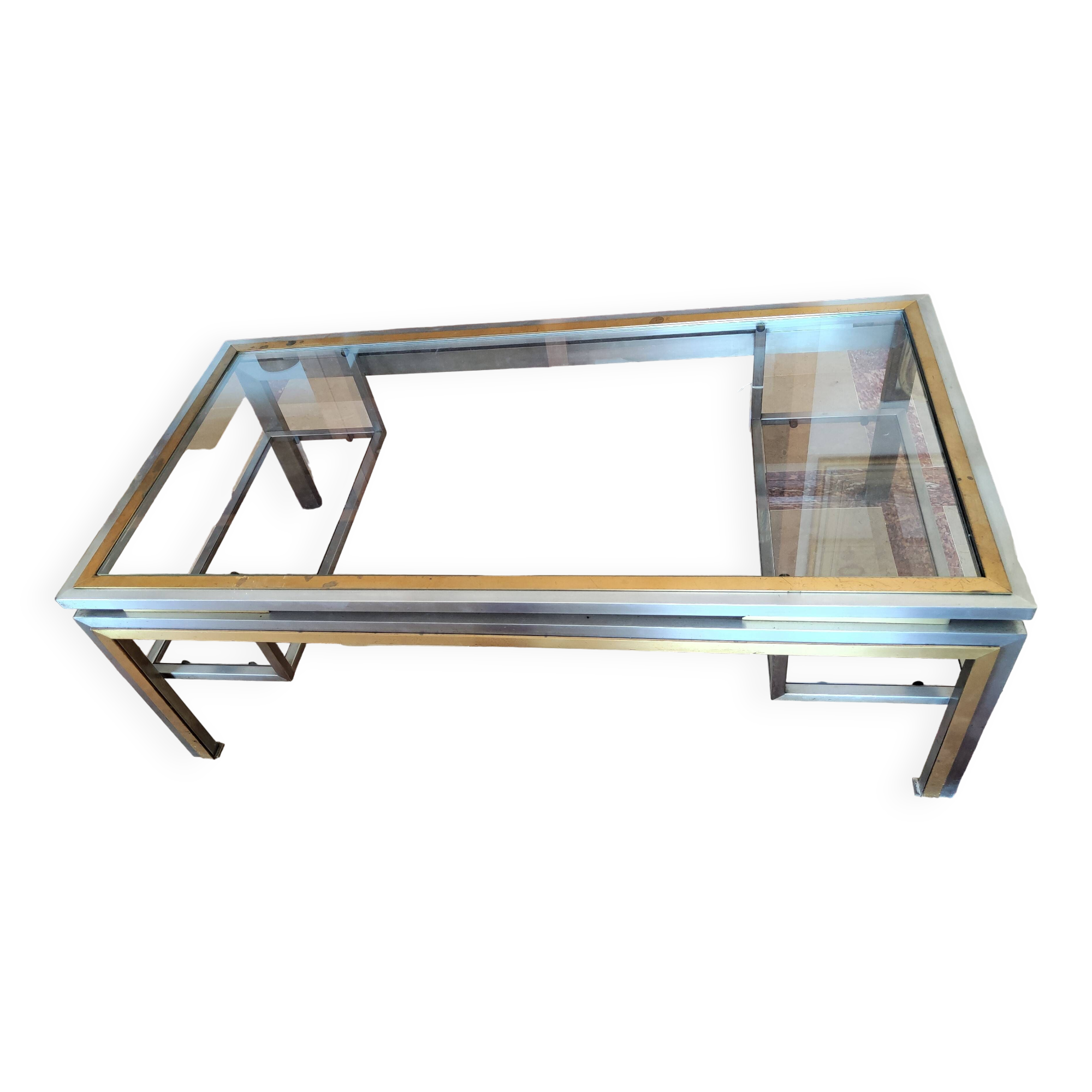 Guy lefèvre for maison jansen coffee table in brushed steel and brass 1970