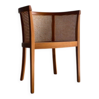 Mid-century armchair made of honey wood and natural rattan – curved backrest, set (7 pieces)