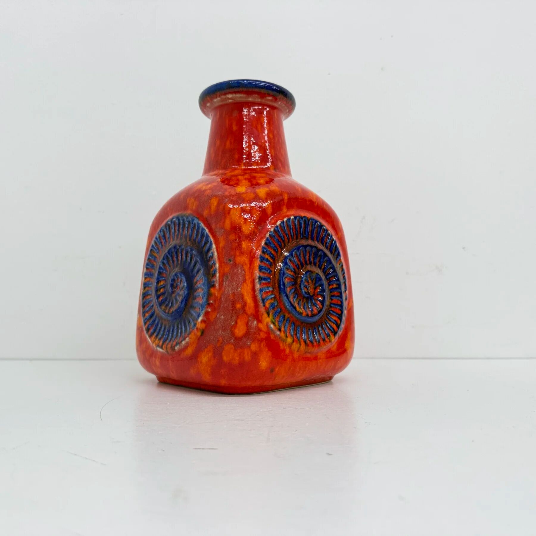 Scheurich West Germany Bay ceramic vase orange with blue fossils, 1970s