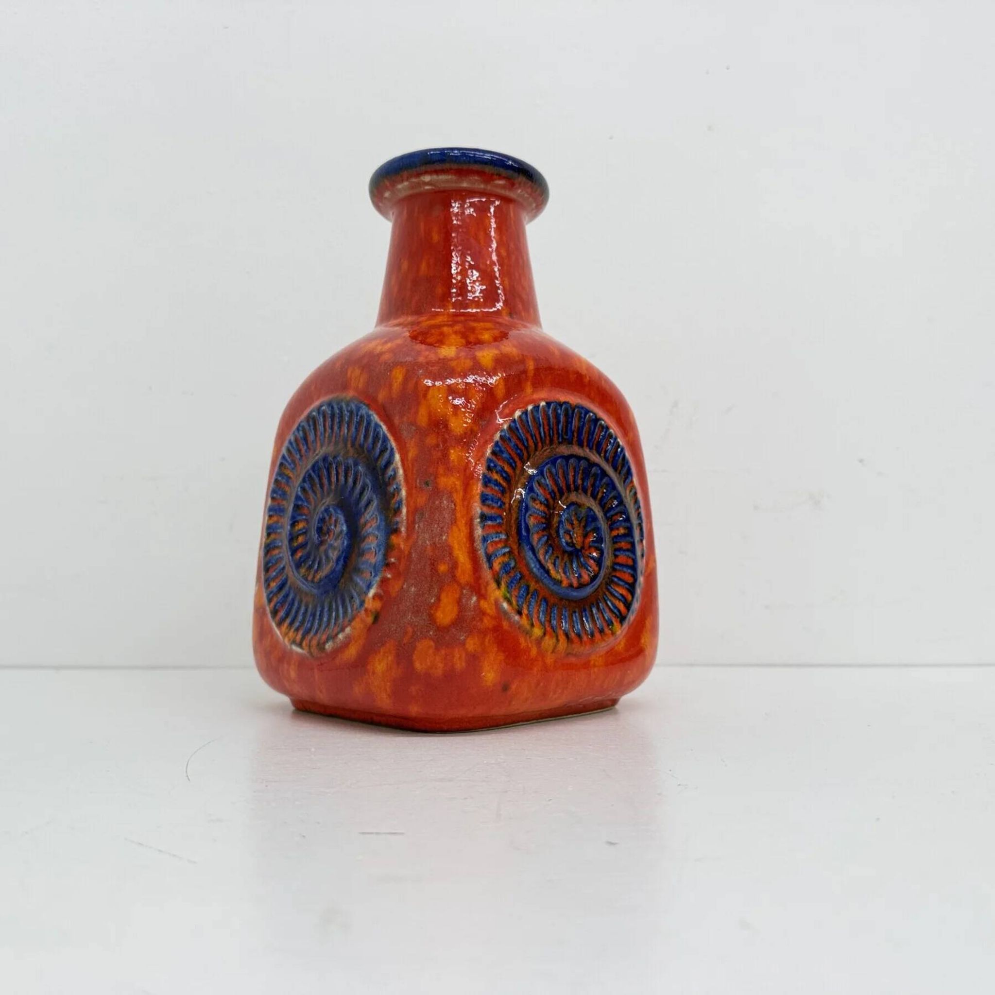 Scheurich West Germany Bay ceramic vase orange with blue fossils, 1970s