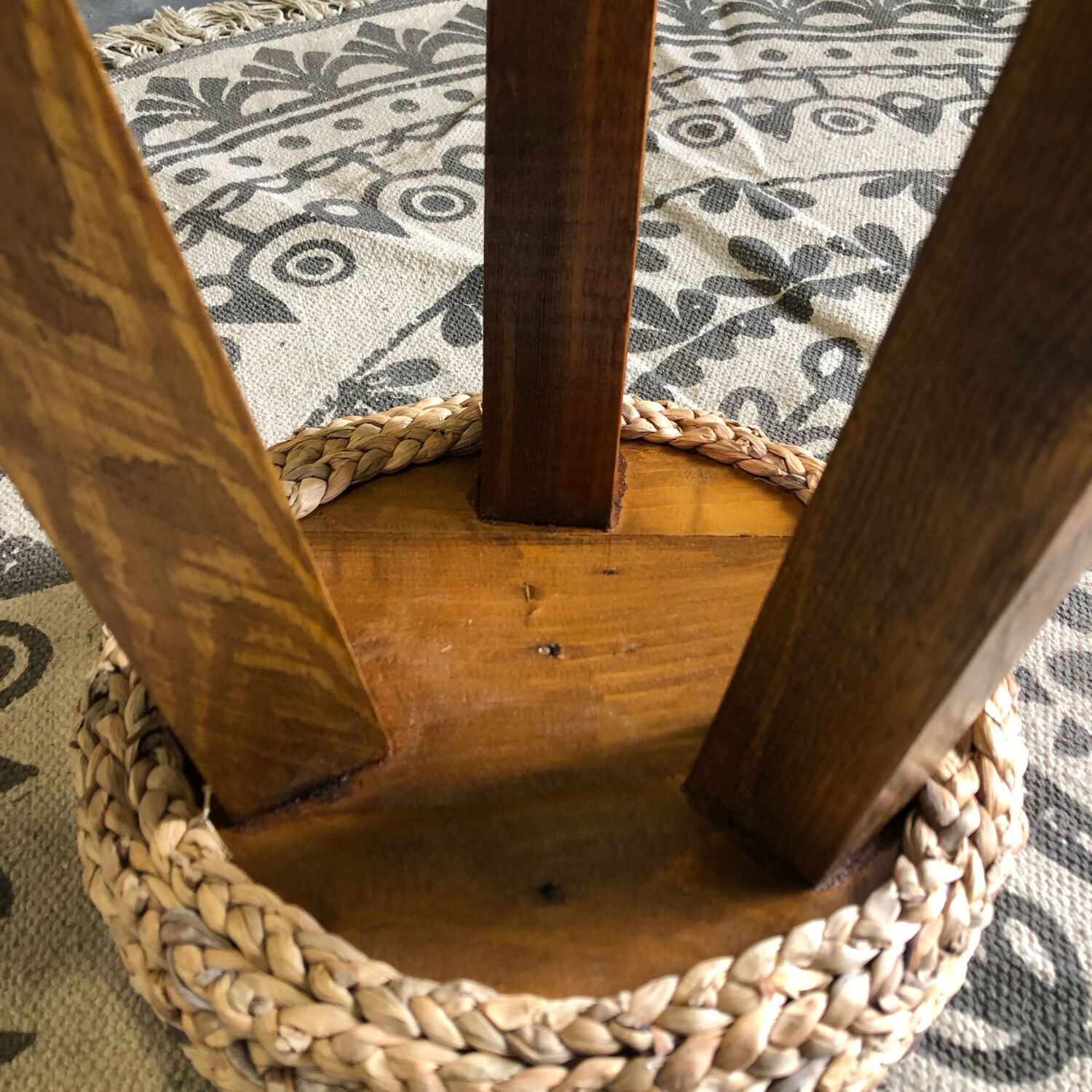 Tripod stool made of wood and water hyacinth