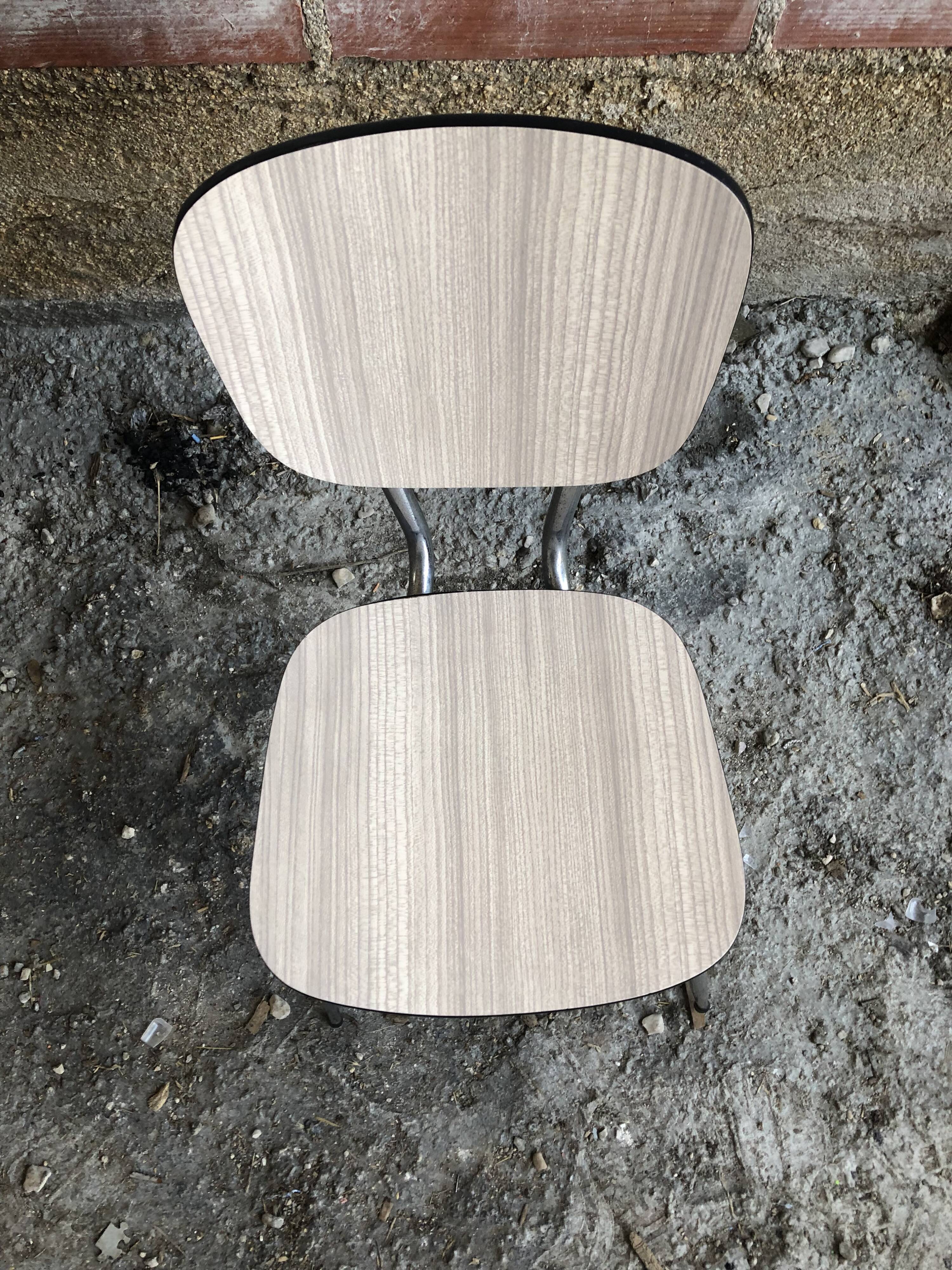 Series of 4 old formica chairs white grey + feet compass metal chrome 70's