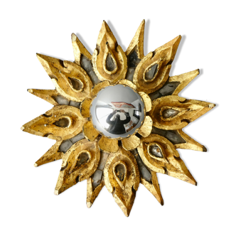 Wall lamp flower shape, in gilded carved wood and glass, 70s