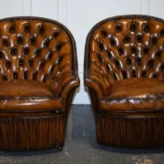 Brown Hand-Dyed Leather Chesterfield Armchairs with Pleated Front, Set of 2