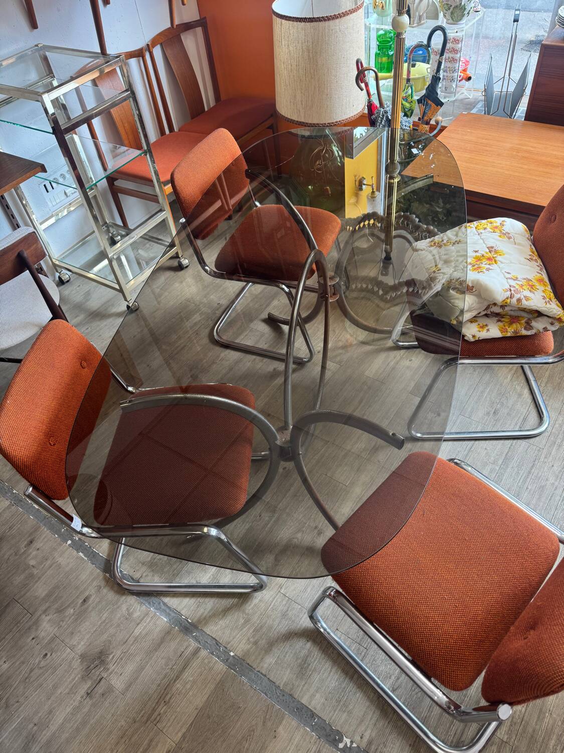 Vintage 70s smoked glass dining table