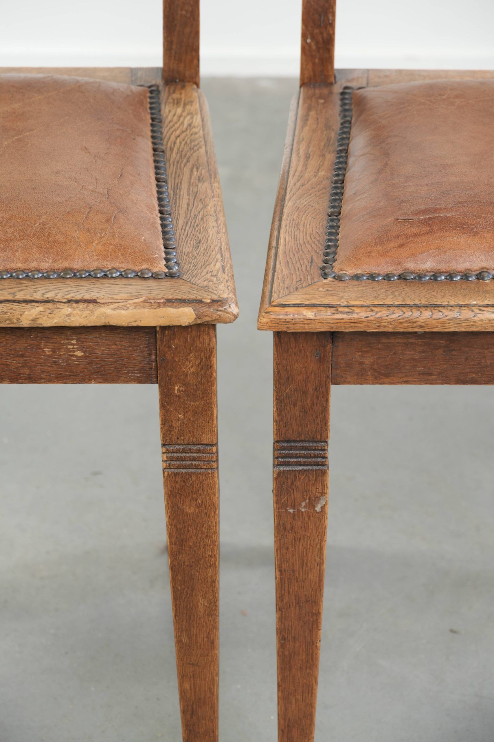 Set of 4 antique oak dining chairs in Art Nouveau style with sheepskin