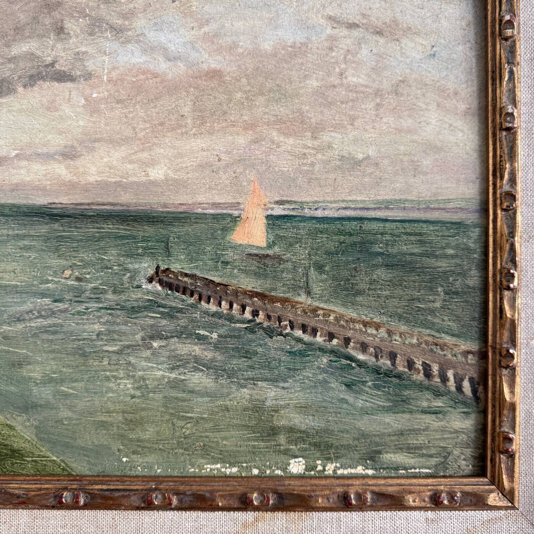 Huile sur carton "Le Croisic jetée en bord de mer", début XXe