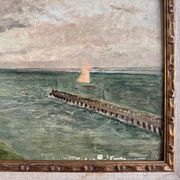 Huile sur carton "Le Croisic jetée en bord de mer", début XXe