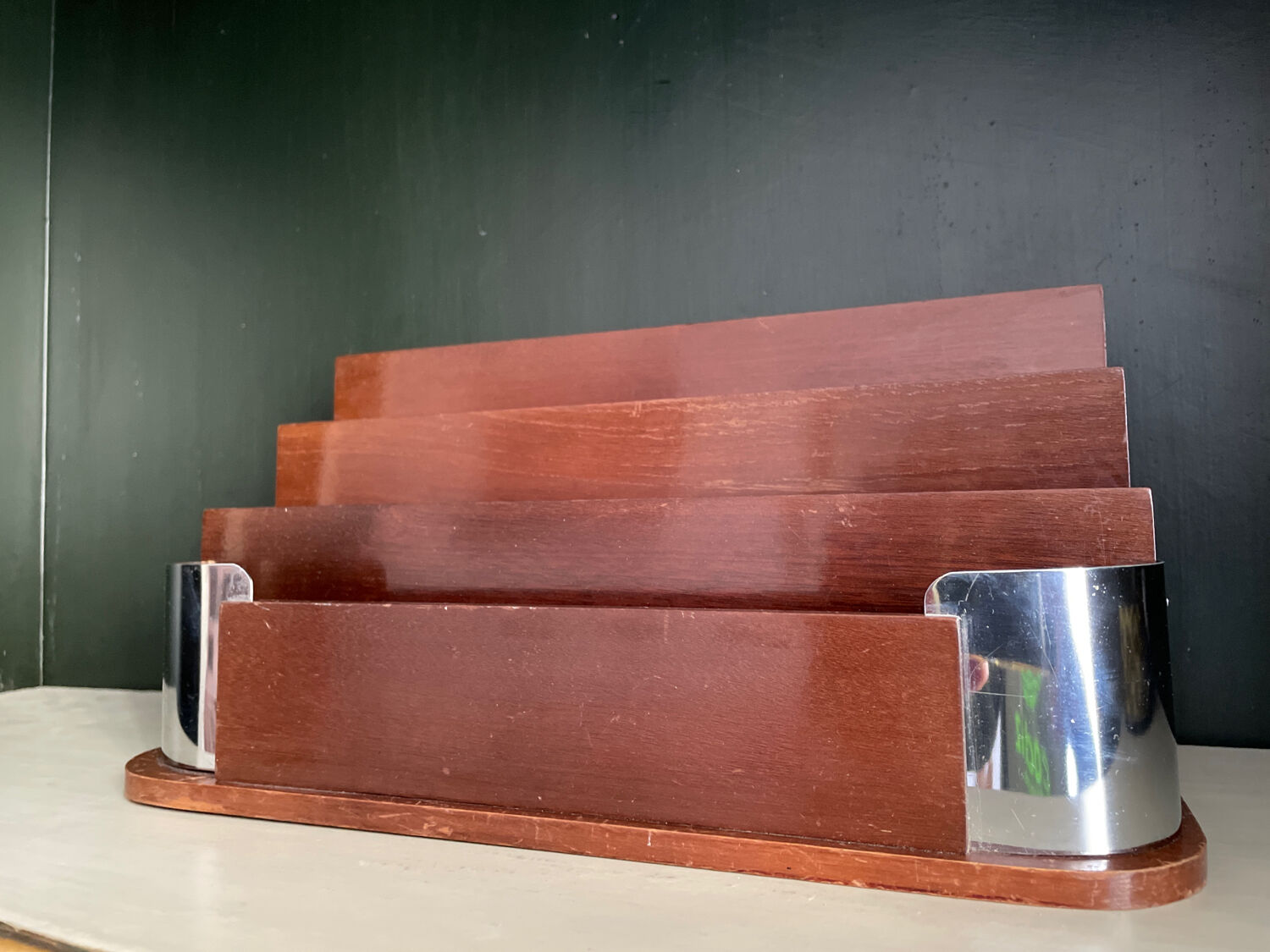 Art deco mail rack mahogany and chrome