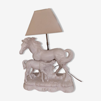 White ceramic lamp sculpture of 2 horses