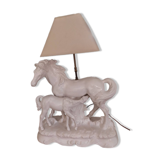 White ceramic lamp sculpture of 2 horses