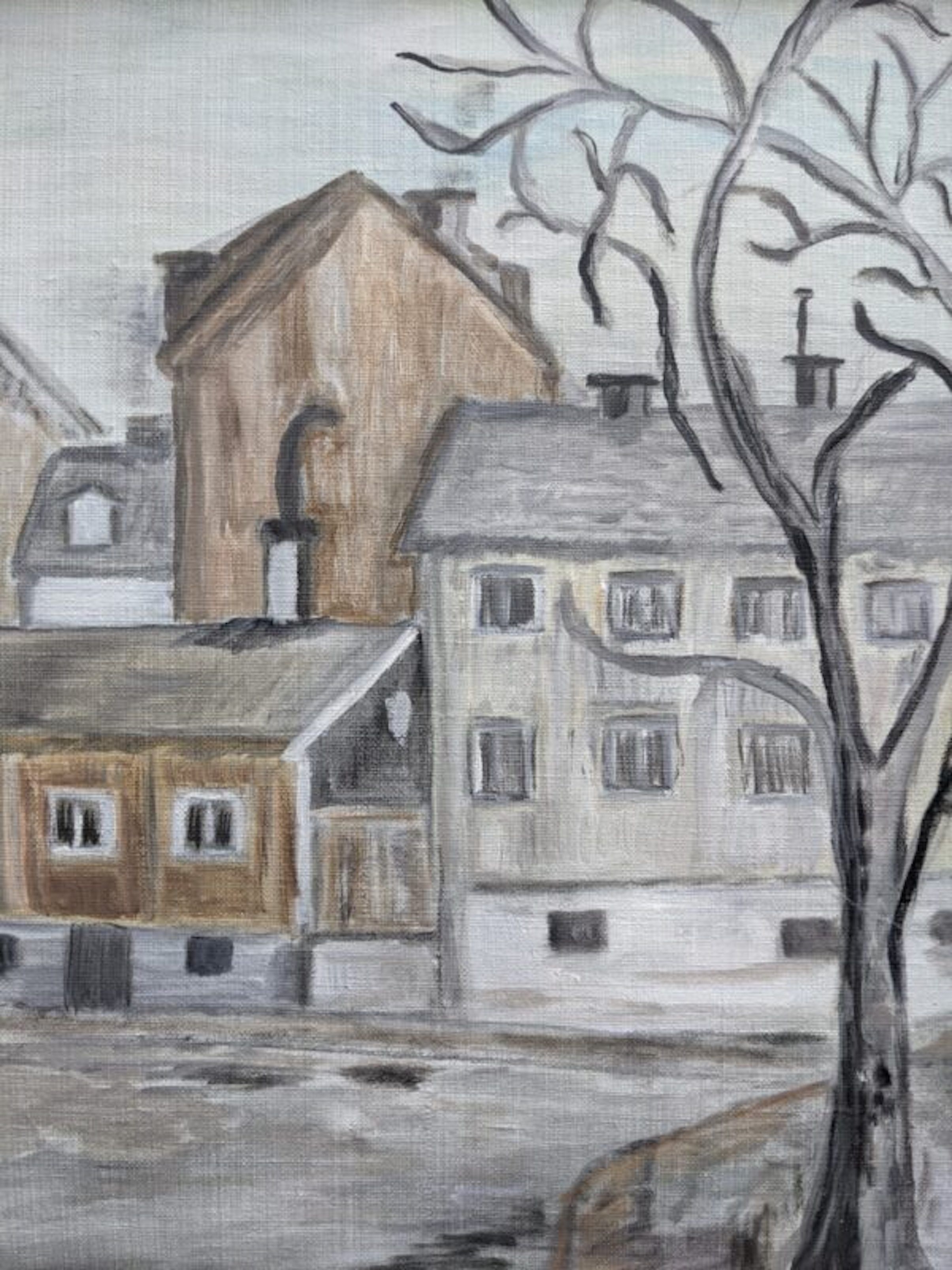 Mid-Century Modern "Stroll" Swedish Vintage Street Scene Oil Painting, Framed