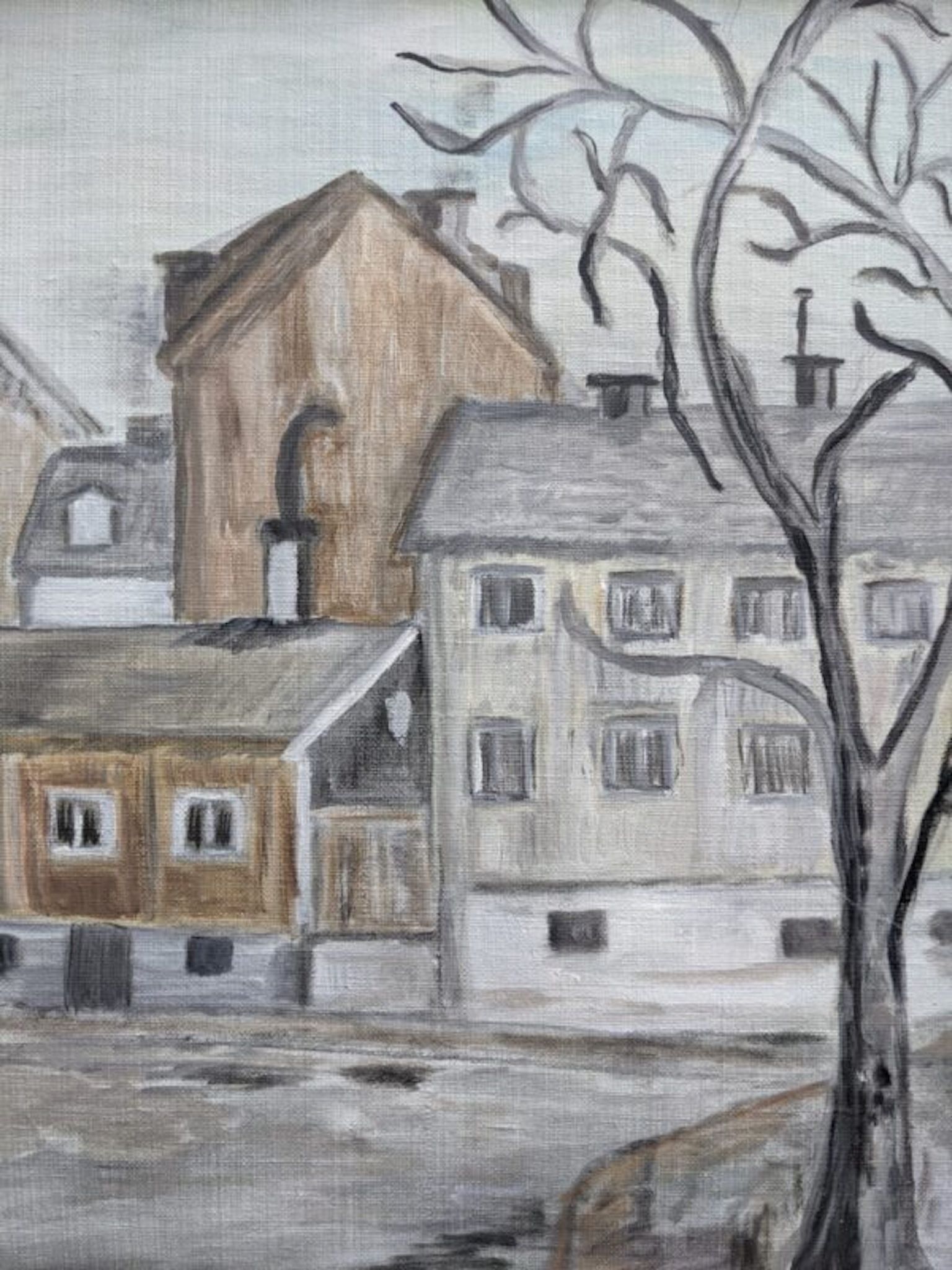 Mid-Century Modern "Stroll" Swedish Vintage Street Scene Oil Painting, Framed