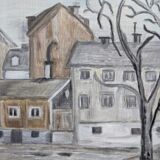 Mid-Century Modern "Stroll" Swedish Vintage Street Scene Oil Painting, Framed