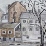 Mid-Century Modern "Stroll" Swedish Vintage Street Scene Oil Painting, Framed