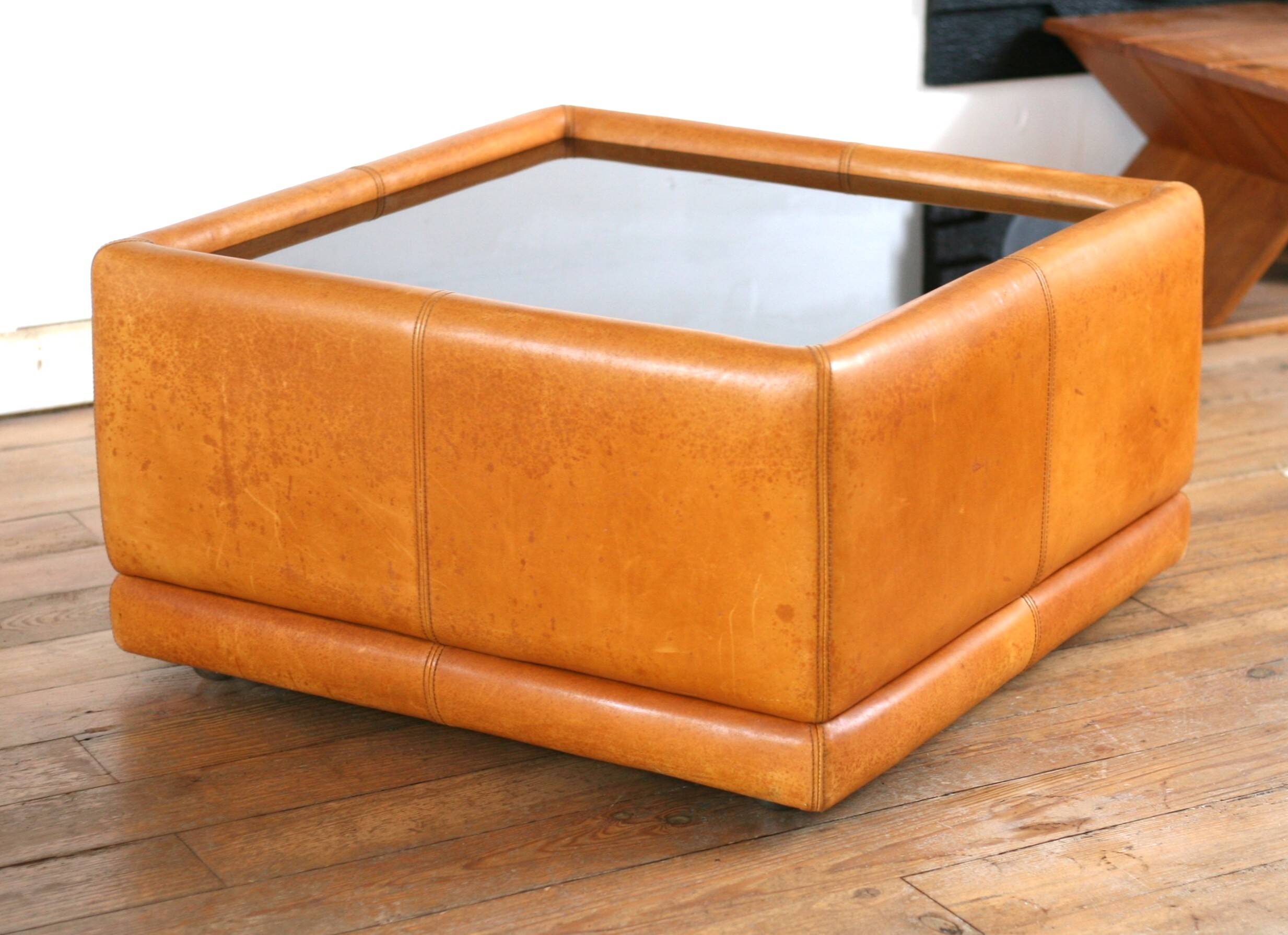 black leather and glass coffee table, vintage design