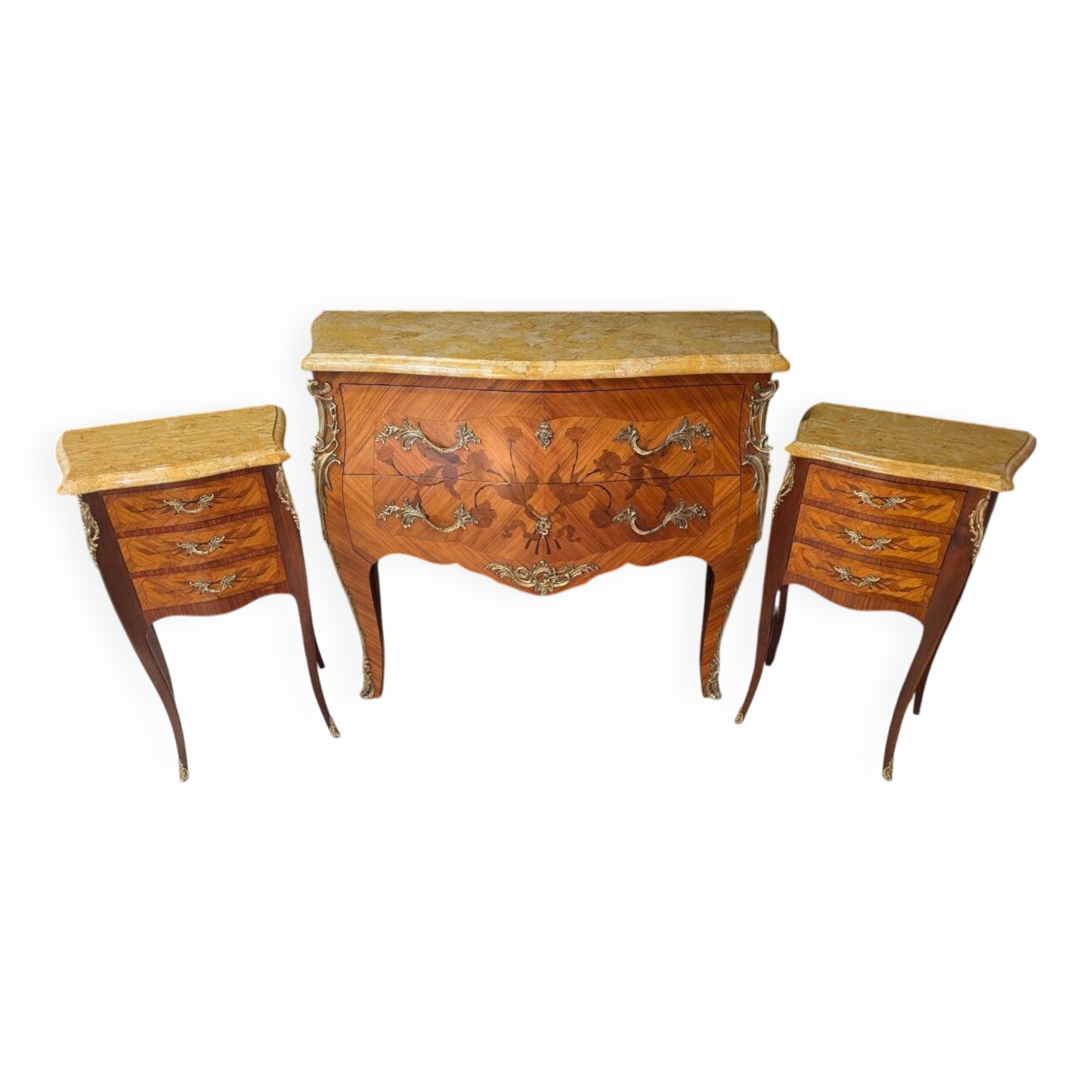 Louis XV style commode with marquetry and its pair of bedside tables.