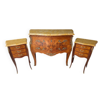 Louis XV style chest of drawers in marquetry and its pair of bedside tables