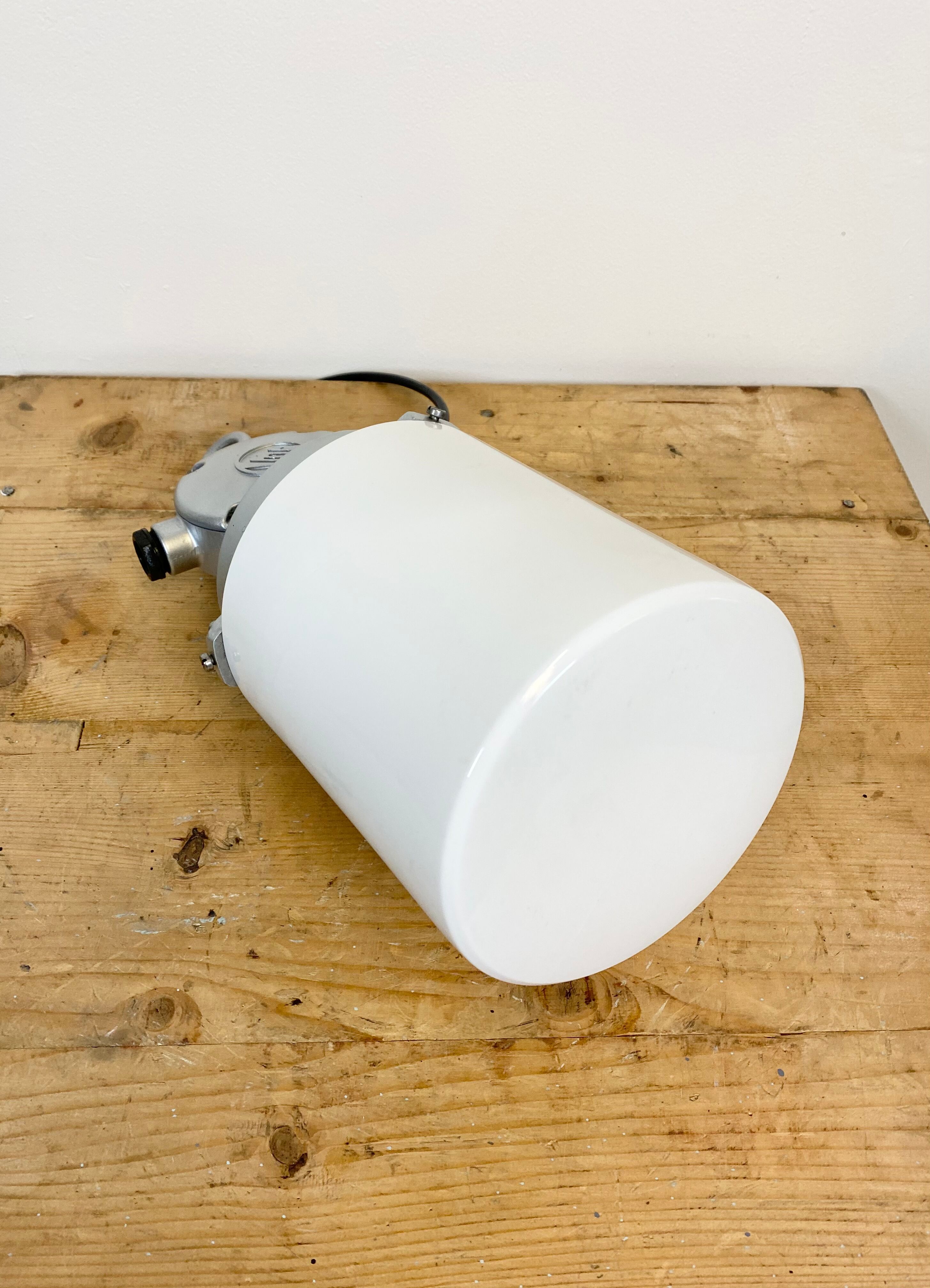 Vintage aluminium industrial lamp with milk glass, 1970s