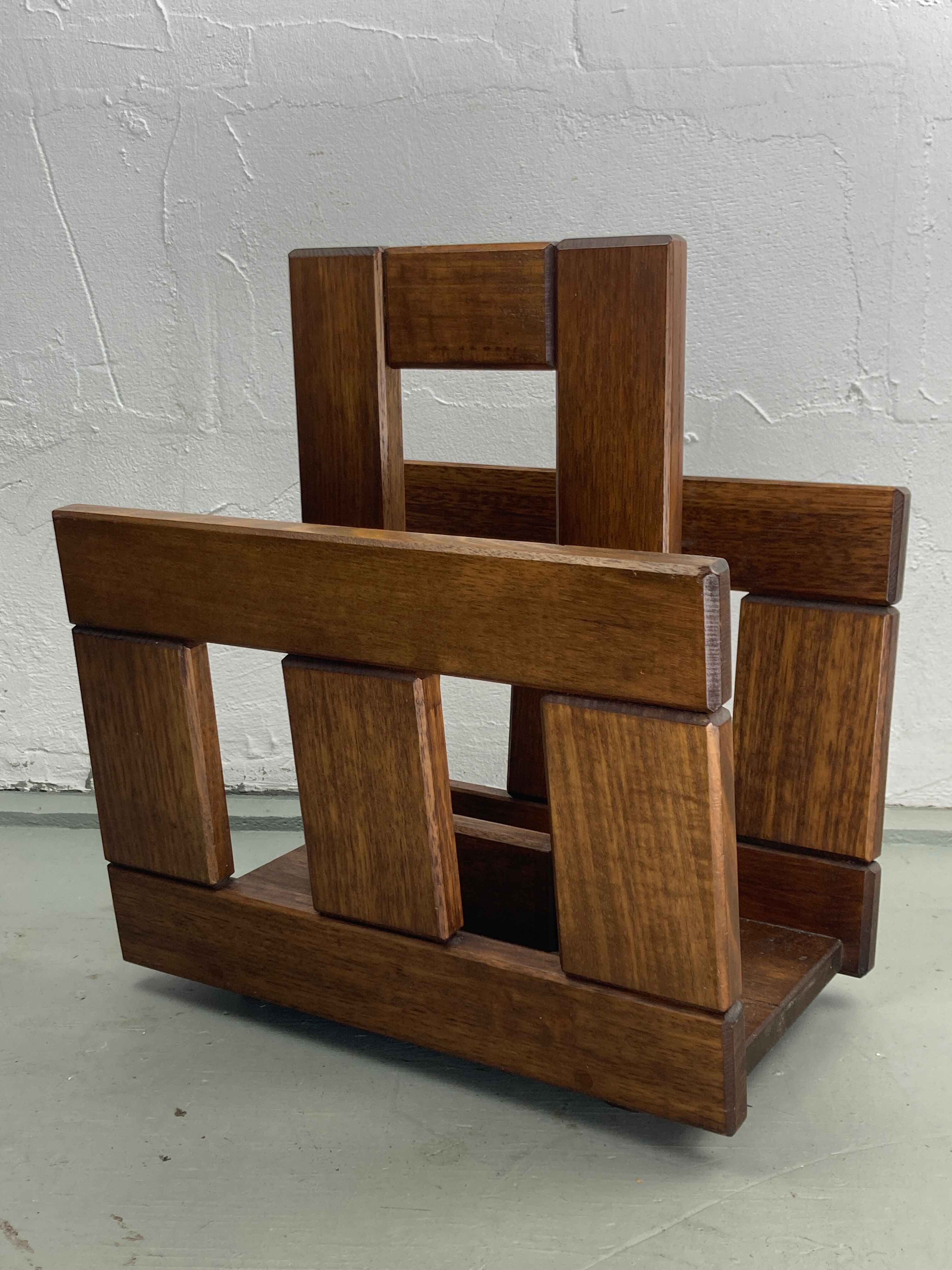 Midcentury brutalist oak magazine rack or holder, Dutch ca 1960s