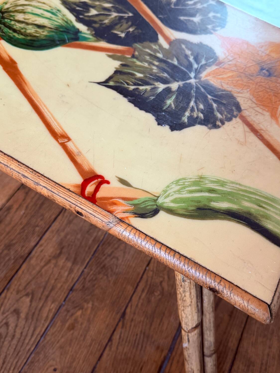 Rattan coffee table and fruits and vegetables