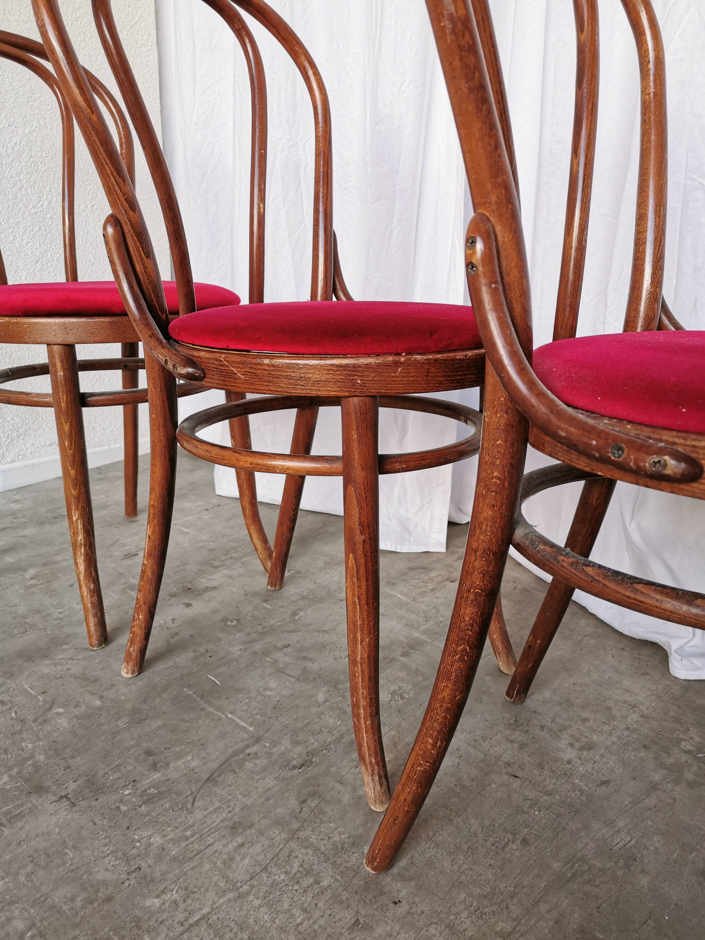 Set of 4 Vintage Bentwood Bistro Chairs, Red Upholstery