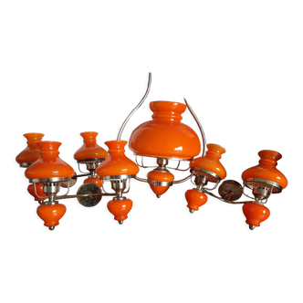 1 chandelier and 3 orange glass sconces 70s