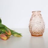 Old pink glass vase, molded glass, vintage French