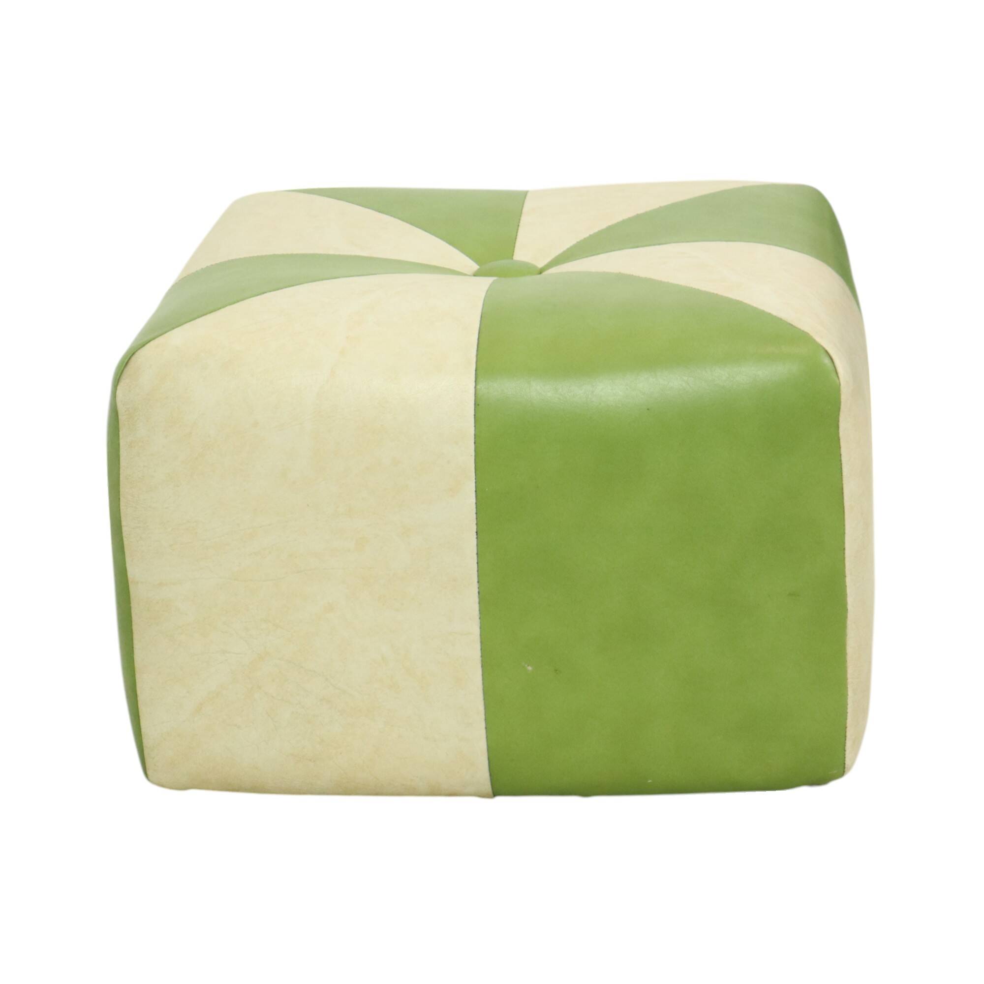 Pouf carré vintage skaï simili cuir vert crème 43cm