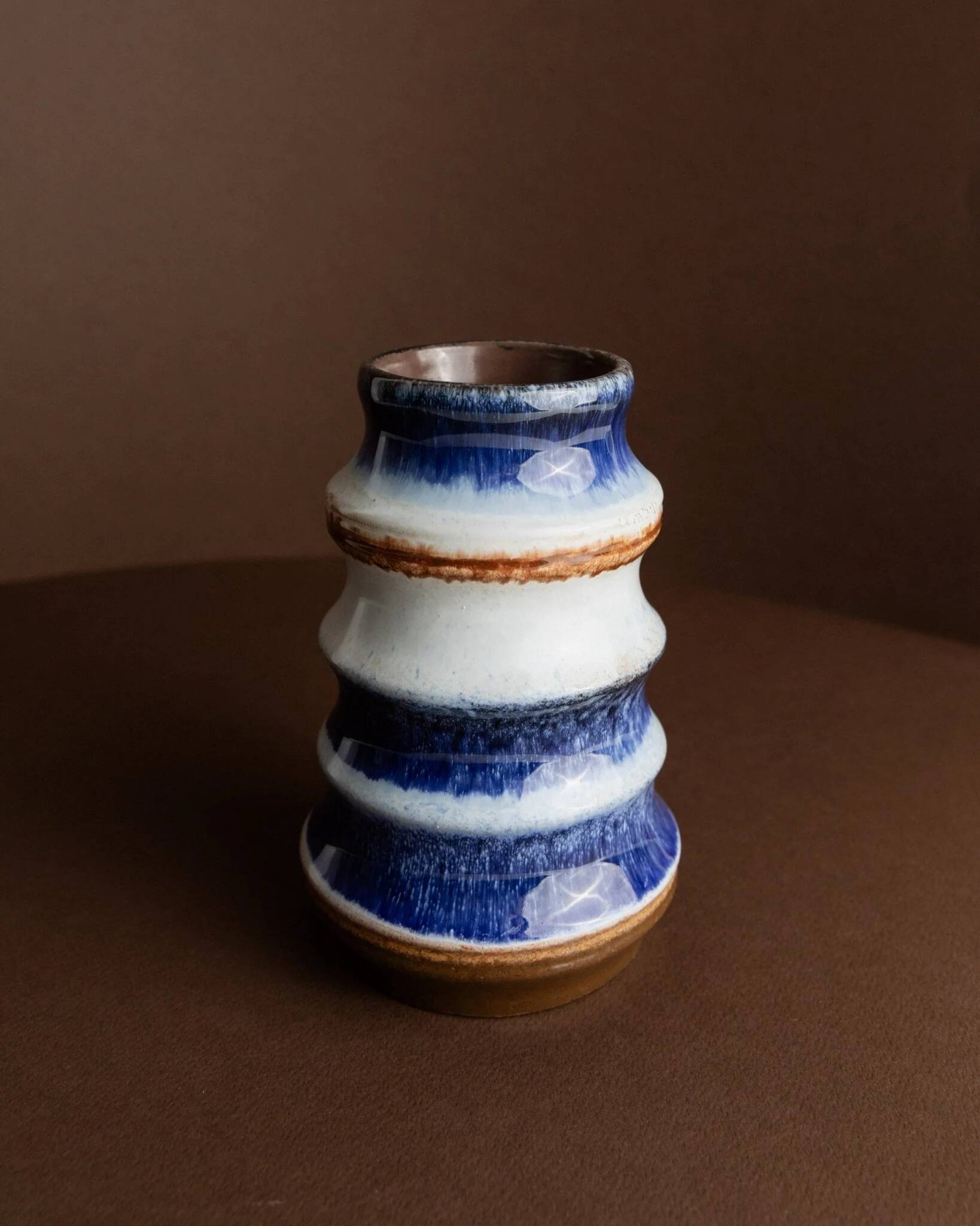 Blue and White Striped Ceramic Vase by Strehla – German Mid-Century, 1960s