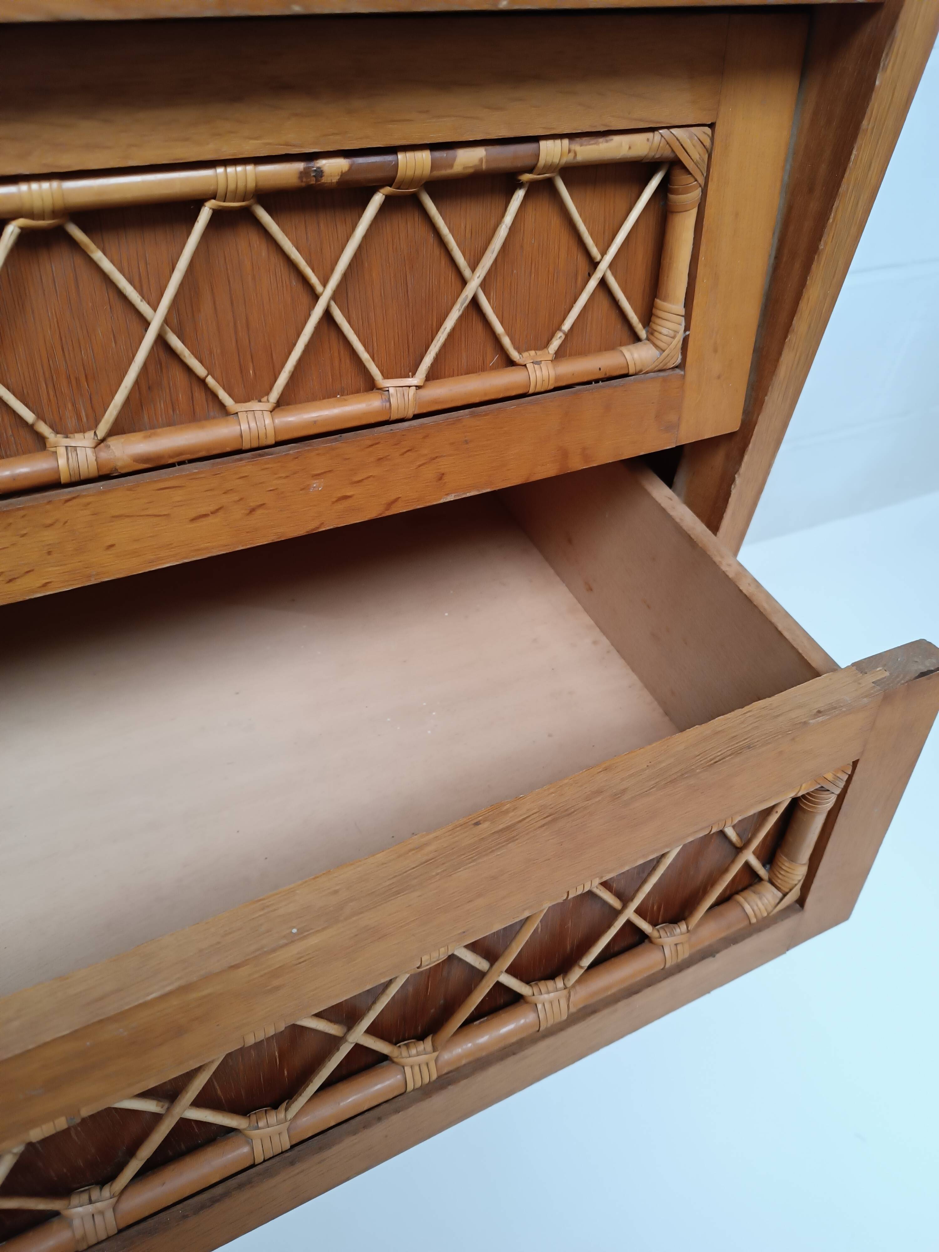 Vintage wood and rattan chest of drawers