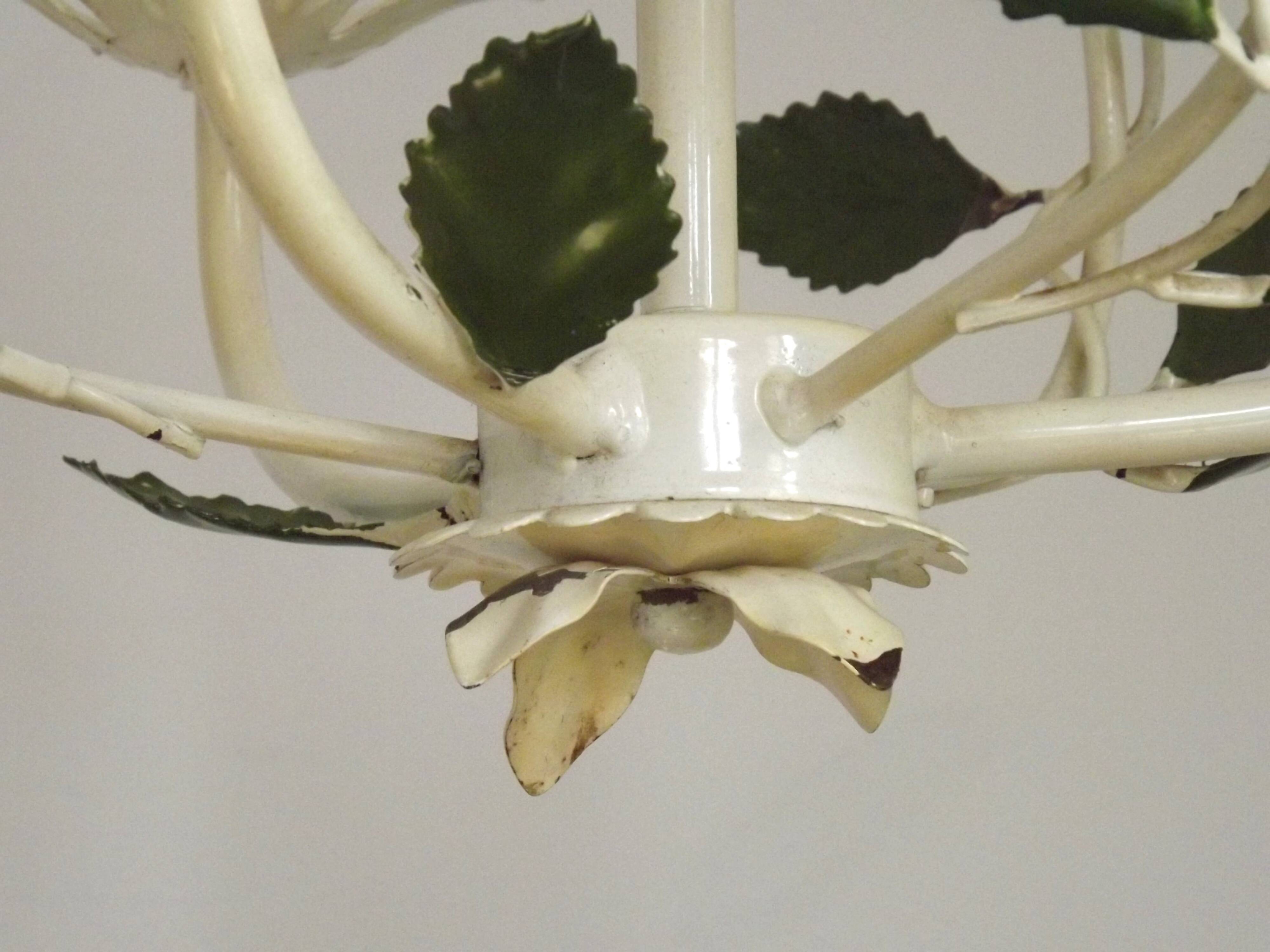 French Vintage 3 Light Daisy Flower Metal Cage Chandelier