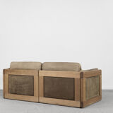 Canapé vintage scandinave en cuir et chêne du milieu du siècle, années 1970