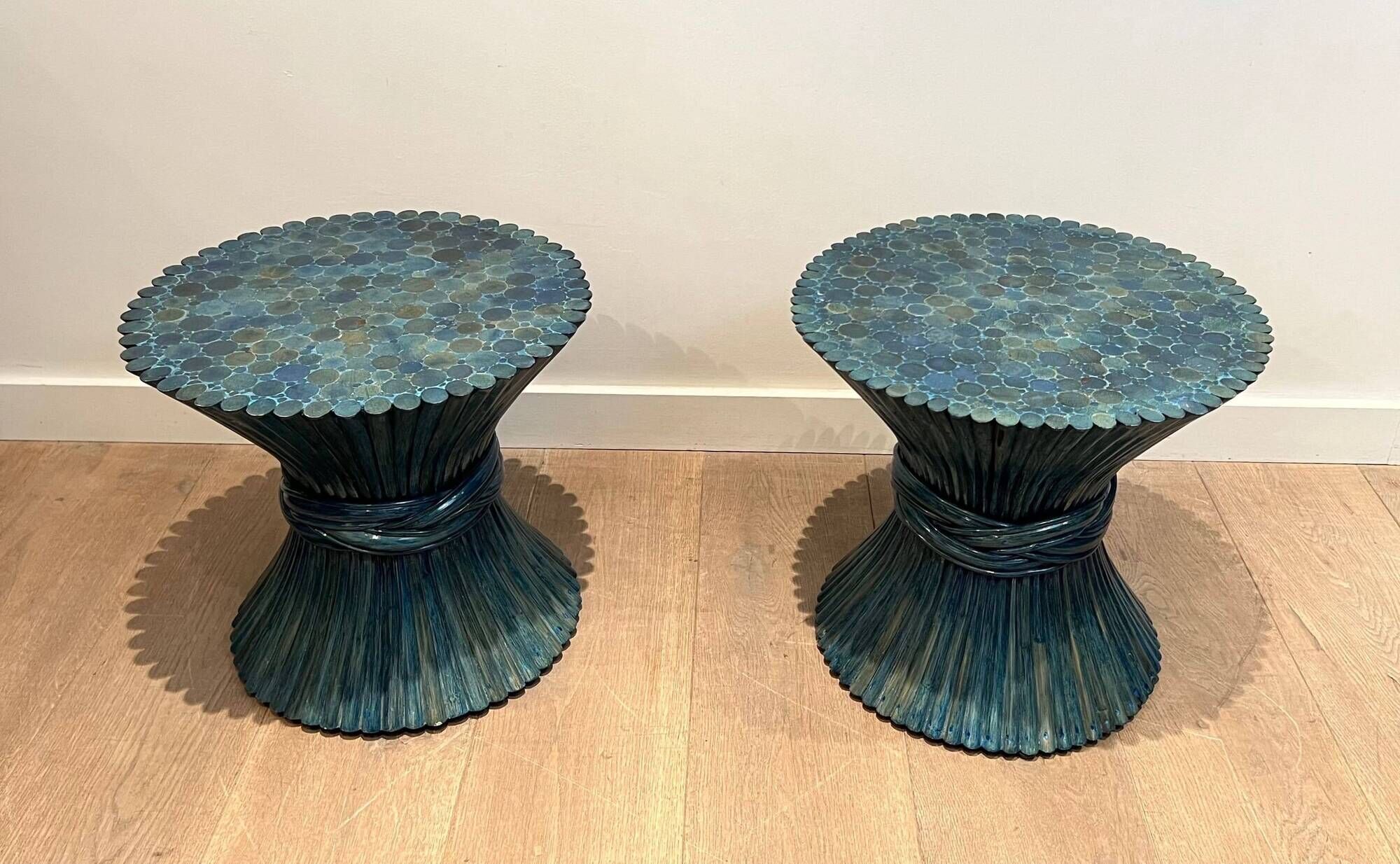 Pair of Bamboo Side Tables in the Shape of a Wheat Sheaf. Turquoise Lacquered.