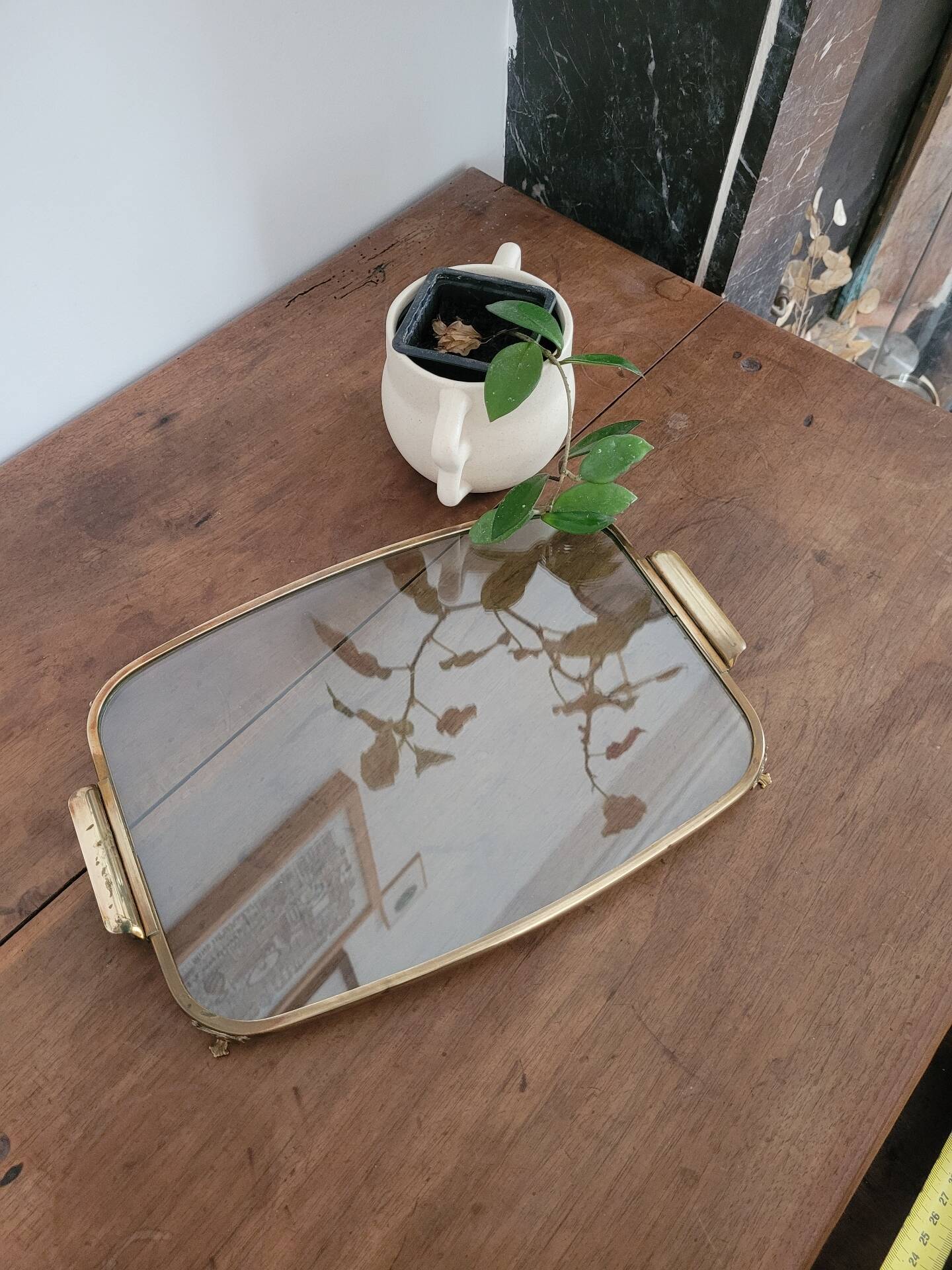 Brass glass plateau from the early 20th century.