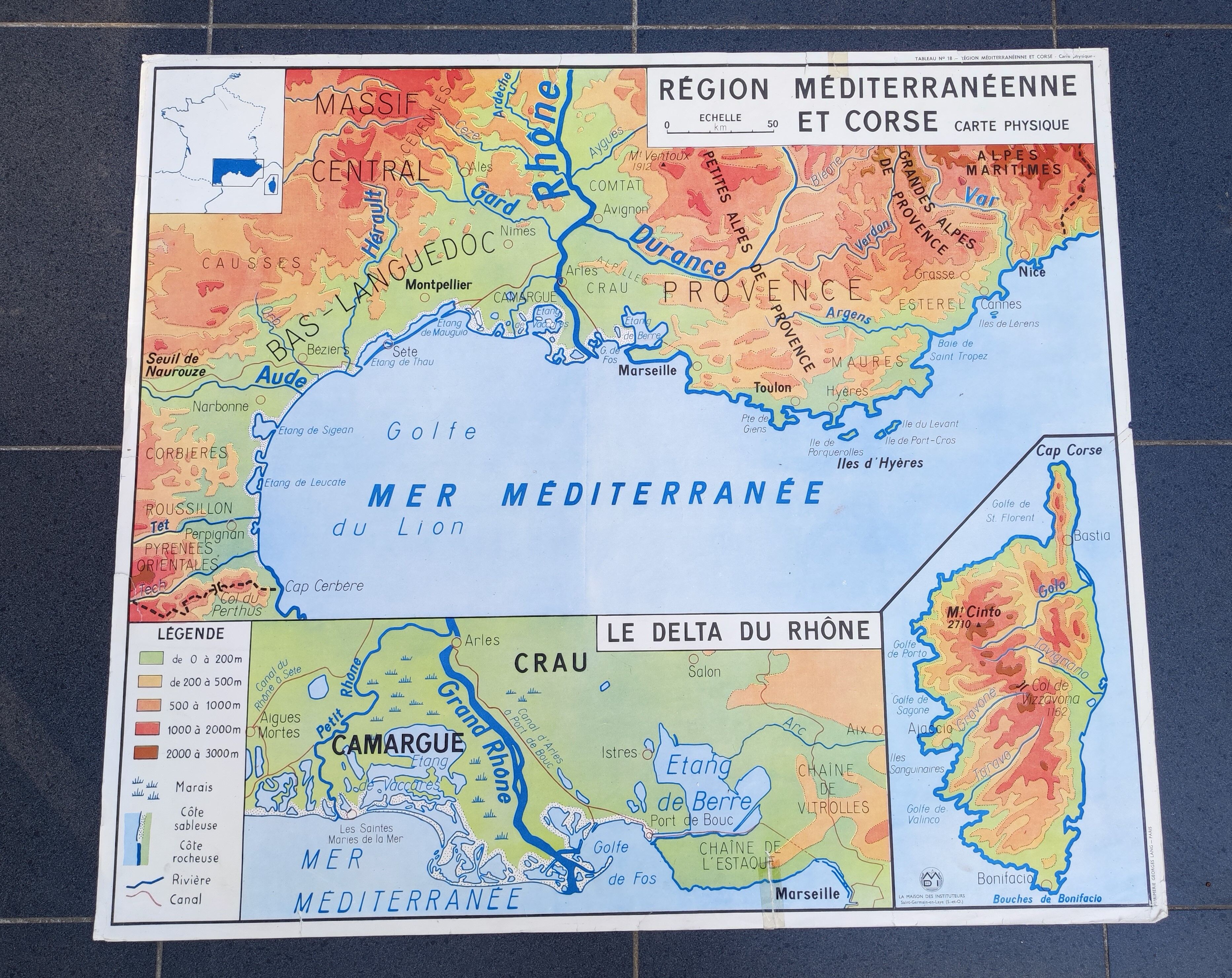 Poster school map Mediterranean Region and Corsica Massif Central