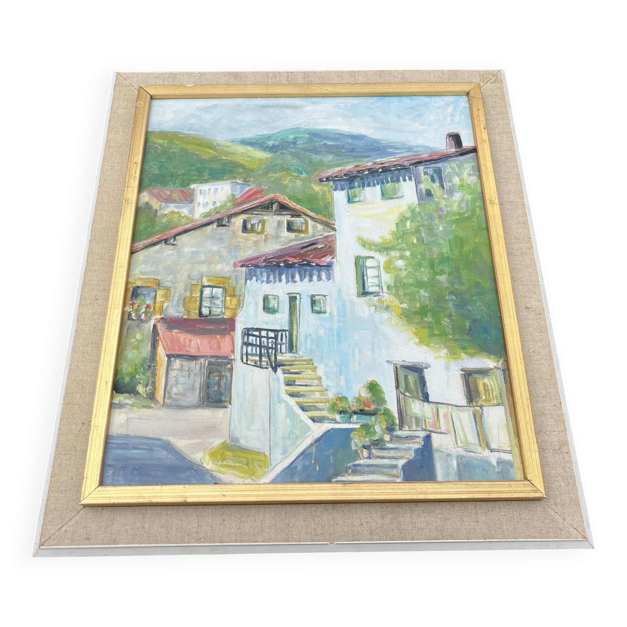 Painting, Basque house with green shutters