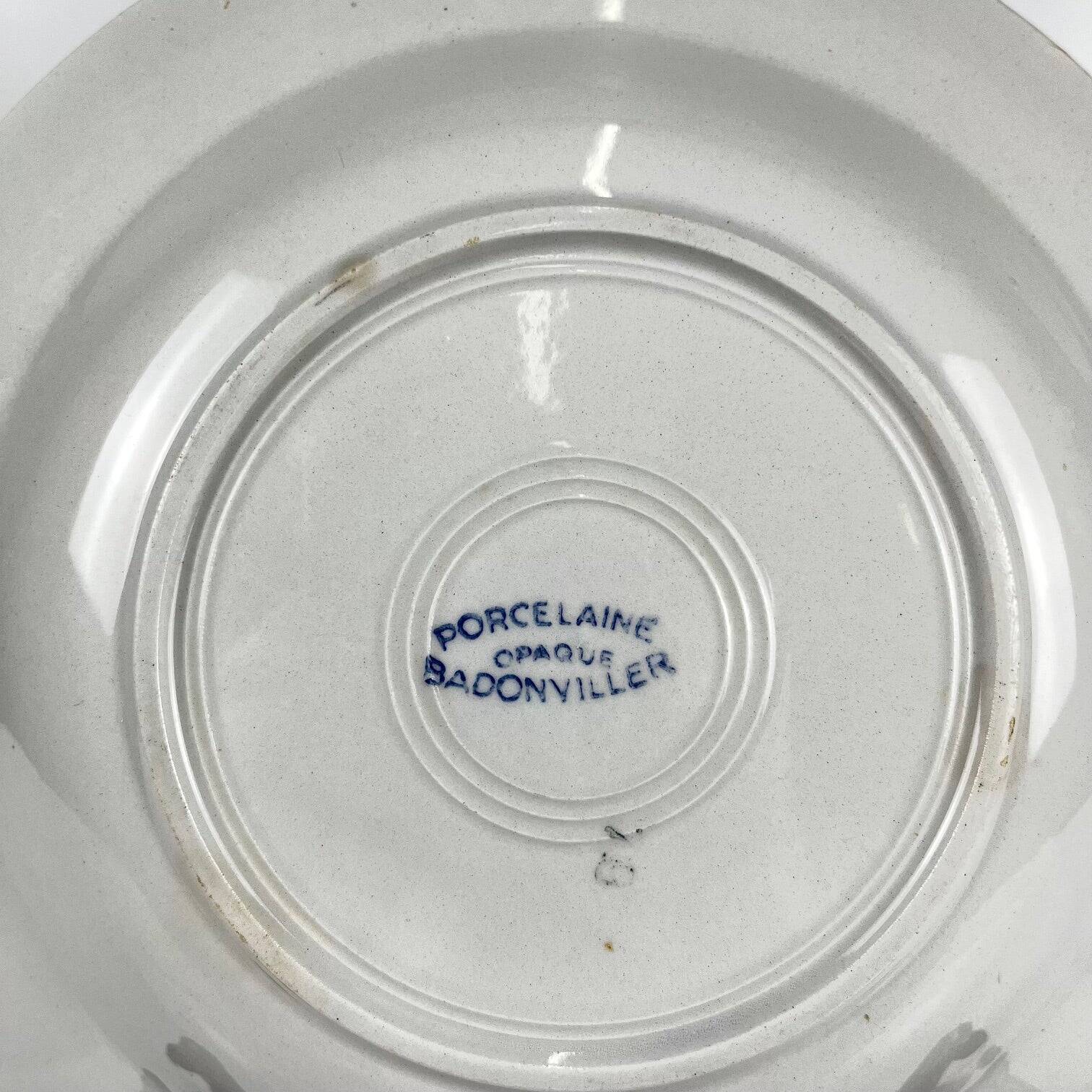 Set of 6 porcelain soup plates, Badonviller, red flower, 1950