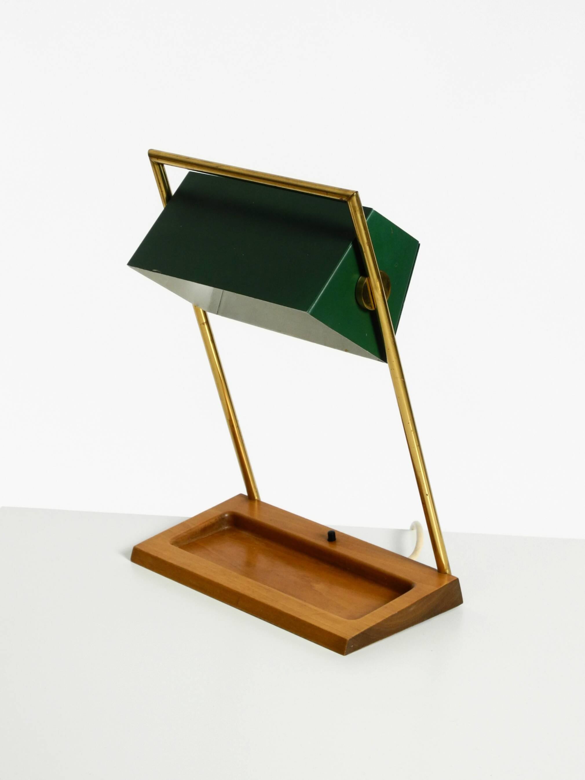 1960s Temde table lamp with a brass frame, teak base, and green lampshade