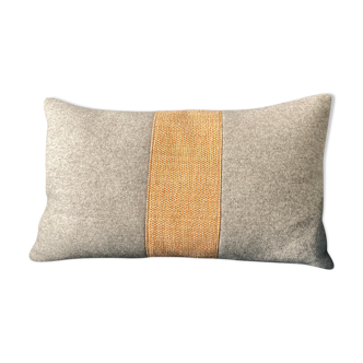 Coussin laine-tissu gris orange