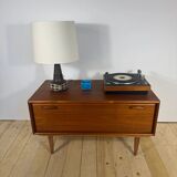Low vintage sideboard with drop-down door – Scandinavian design 1960s, teak and elegant details