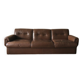 Mid century 3-seater sofa in stitched brown leather, Vavassori attr., Italy 1970s