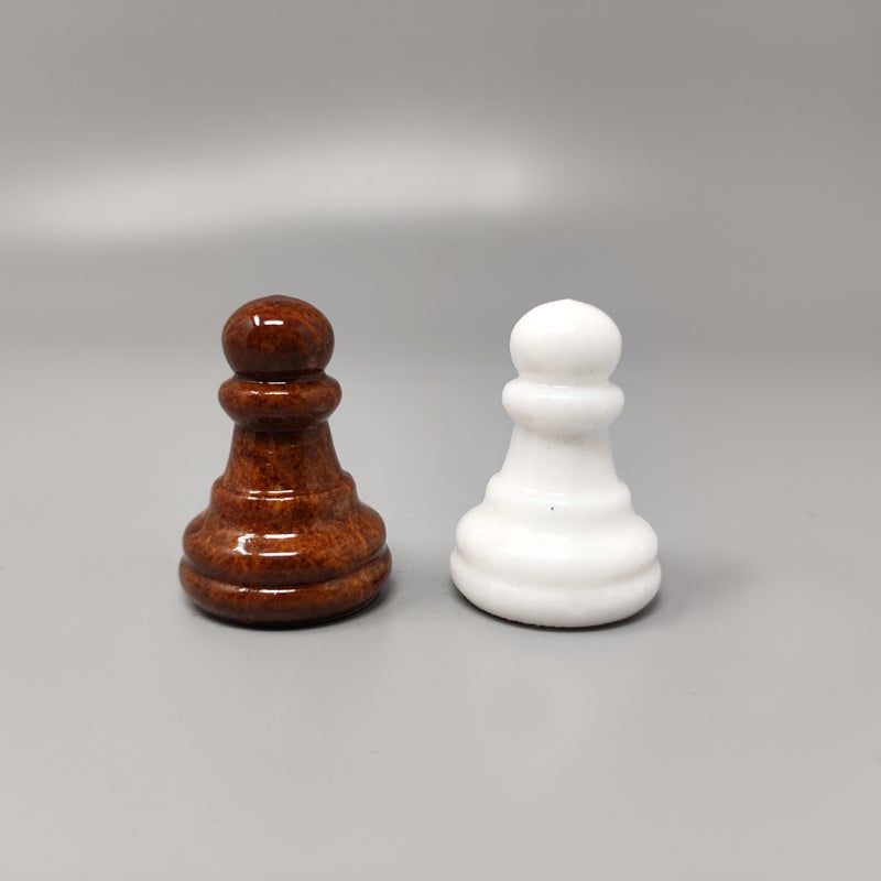 1970s Brown and White Chess Set in Volterra Alabaster Handmade Made in Italy