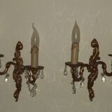 Pair of French Vintage Double Acanthus Leaf Bronze & Crystal Wall Lights 51