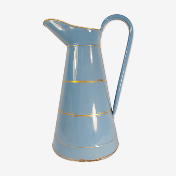 Old jug or water pitcher in blue and gold enamelled sheet metal